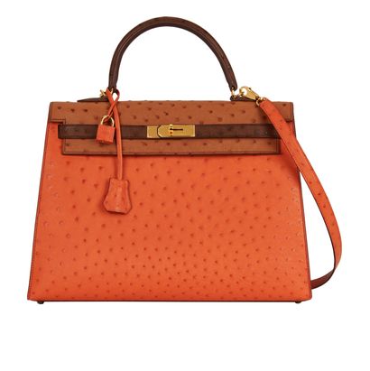 Kelly 35 In Tangerine/Cognac/Etrusque Ostrich, front view